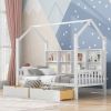 Wooden Twin Size House Bed with 2 Drawers; Kids Bed with Storage Shelf; White