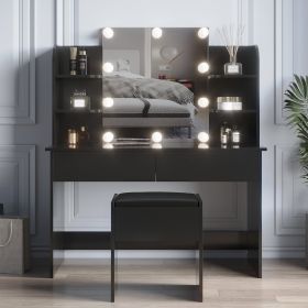 Modern Dressing table with 2 Drawers; 4 open shelves; Rectangular Makeup Table with Mirror; 10-lamp bulb; ; 42.52*15.75* 52.76inch; for Bedroom; Black