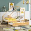 Full Size Wooden House Bed With Twin Size Trundle; Natural