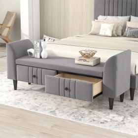 Upholstered Wooden Storage Ottoman Bench with 2 Drawers For Bedroom; Fully Assembled Except Legs and Handles; Gray