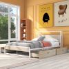 Queen Size Metal Platform Bed Frame with Four Drawers; Sockets and USB Ports ; Slat Support No Box Spring Needed White
