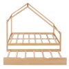 Full Size Wooden House Bed With Twin Size Trundle; Natural