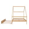 Full Size Wooden House Bed With Twin Size Trundle; Natural
