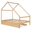 Full Size Wooden House Bed With Twin Size Trundle; Natural