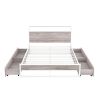 Queen Size Metal Platform Bed Frame with Four Drawers; Sockets and USB Ports ; Slat Support No Box Spring Needed White