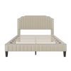 Modern Linen Curved Upholstered Platform Bed ; Solid Wood Frame ; Nailhead Trim; Cream (Queen)