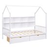 Wooden Twin Size House Bed with 2 Drawers; Kids Bed with Storage Shelf; White