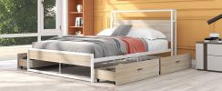 Queen Size Metal Platform Bed Frame with Four Drawers; Sockets and USB Ports ; Slat Support No Box Spring Needed White