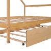Full Size Wooden House Bed With Twin Size Trundle; Natural
