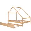 Full Size Wooden House Bed With Twin Size Trundle; Natural