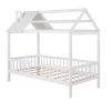 Twin Size Wood House Bed with Fence; White