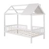 Twin Size Wood House Bed with Fence; White