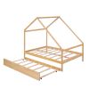 Full Size Wooden House Bed With Twin Size Trundle; Natural