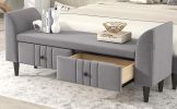 Upholstered Wooden Storage Ottoman Bench with 2 Drawers For Bedroom; Fully Assembled Except Legs and Handles; Gray