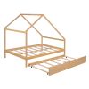 Full Size Wooden House Bed With Twin Size Trundle; Natural