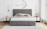 Queen Size Storage Bed Velvet Upholstered Platform Bed with a Big Drawer - Grey