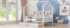 Wooden Twin Size House Bed with 2 Drawers; Kids Bed with Storage Shelf; White