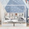 Wooden Twin Size House Bed with 2 Drawers; Kids Bed with Storage Shelf; White