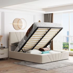 Queen size Upholstered Platform bed with a Hydraulic Storage System - Beige (Color: pic)