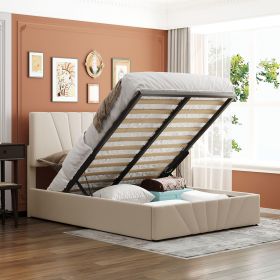 Full size Upholstered Platform bed with a Hydraulic Storage System - Beige (Color: pic)
